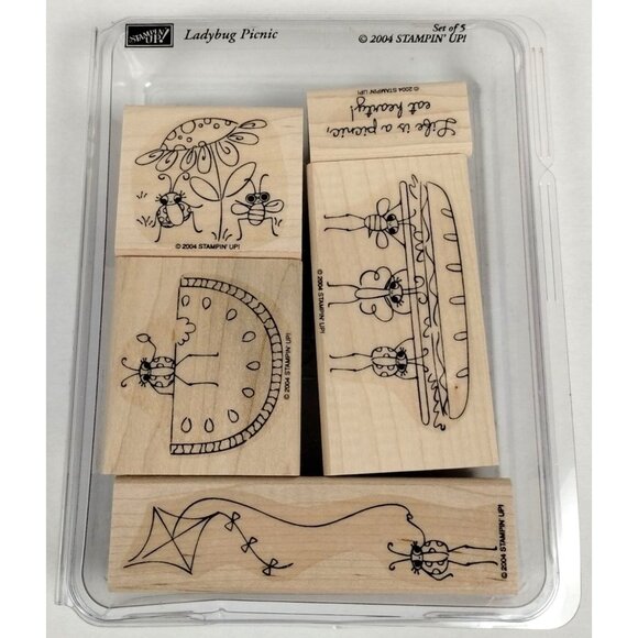 Stampin up Ladybug Picnic 5 Piece Mounted Rubber Stamp Set 2004 Summer - Picture 2 of 13